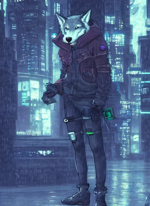 Image similar to character portrait of a male anthro wolf fursona with a tail and a cute beautiful attractive detailed furry face wearing stylish cyberpunk clothes in a cyberpunk city at night while it rains. hidari, color page, tankoban, 4K, tone mapping, Akihiko Yoshida.