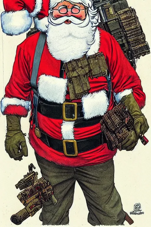 Image similar to concept of Santa Claus holding a M61 Vulcan and wearing an army harness vest full of pouches, by Geof Darrow and Simon Bisley, detailed, full body