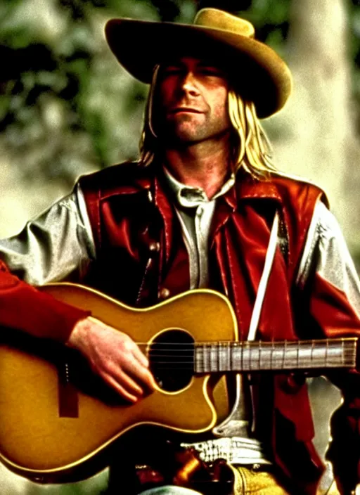 Image similar to film still of kurt cobain as clint eastwood in the movie a fist full of dollars, full-shot, 4k