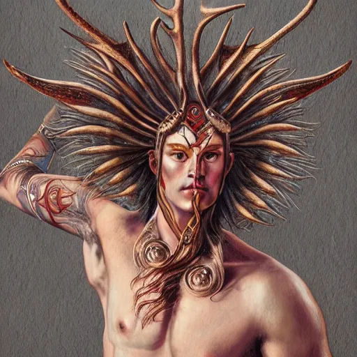 Prompt: Dramatic portraiture of Uuen, the Pictish god of stags, mixed media, trending on ArtStation, by Jim Valentino and ArtGerm and Lucian Freud, spleen