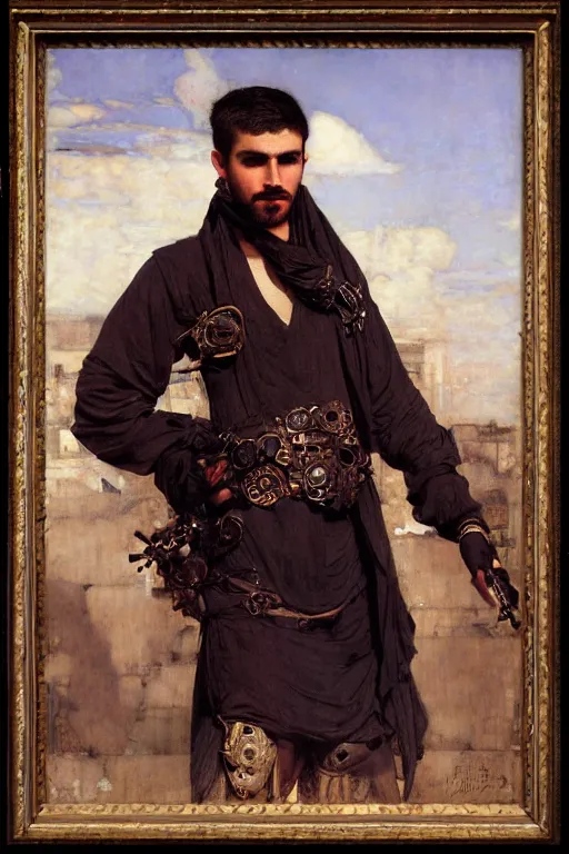 Image similar to attractive male, steampunk, cool tint, orientalist intricate portrait by john william waterhouse and edwin longsden long and theodore ralli and nasreddine dinet, hyper realism, dramatic lighting