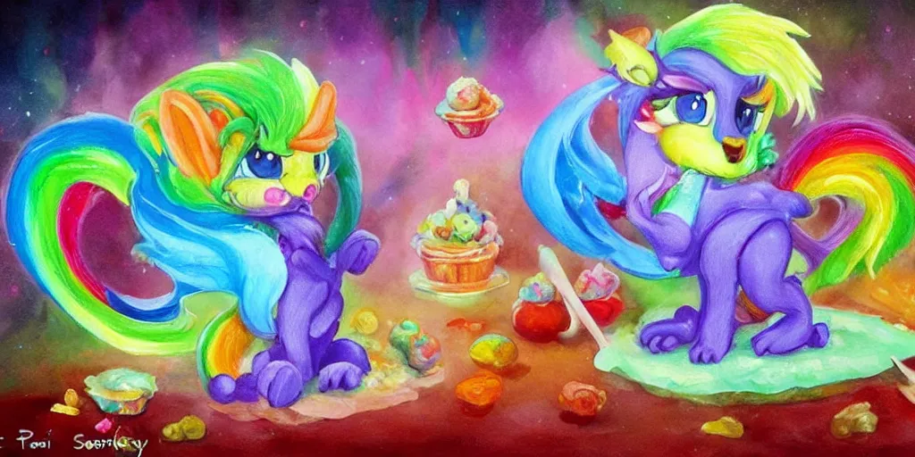 Image similar to rainbow sorbet made in the shape of 3 d littlest pet shop mythical manticore, realistic, melting, soft painting, desserts, ice cream, glitter, forest, aurora, master painter and art style of noel coypel, art of emile eisman - semenowsky, art of edouard bisson