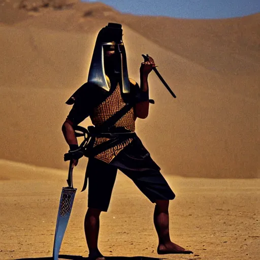 Prompt: egyptian samurai holding a katana, standing in desert