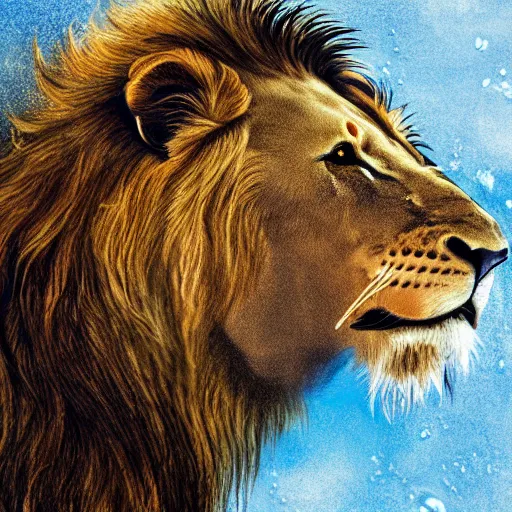 Prompt: a male lion's face breaching through a wall of water, water sprites, splashing, deep blue water color, highly detailed, realistic digital art