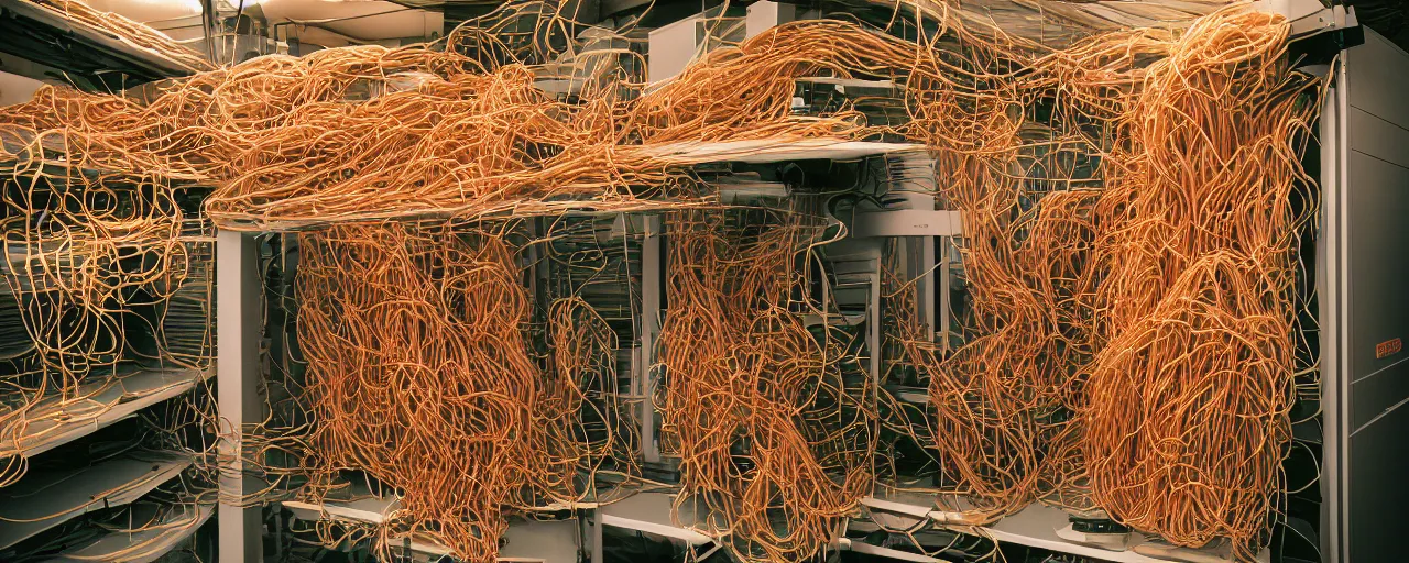 Image similar to a large computer server room overflowing with spaghetti, canon 5 0 mm, cinematic lighting, photography, retro, film, kodachrome, closeup