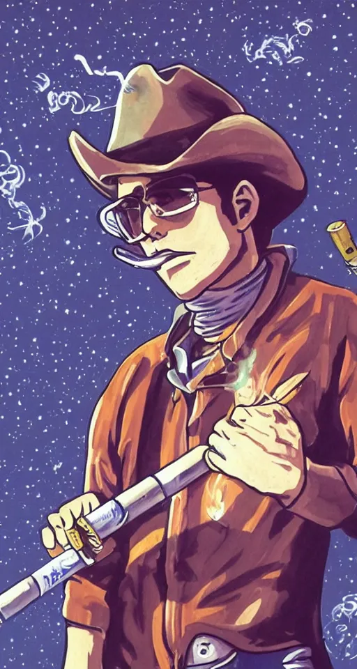 Image similar to a cowboy in space smoking a cigarette, highly detailed, anime style