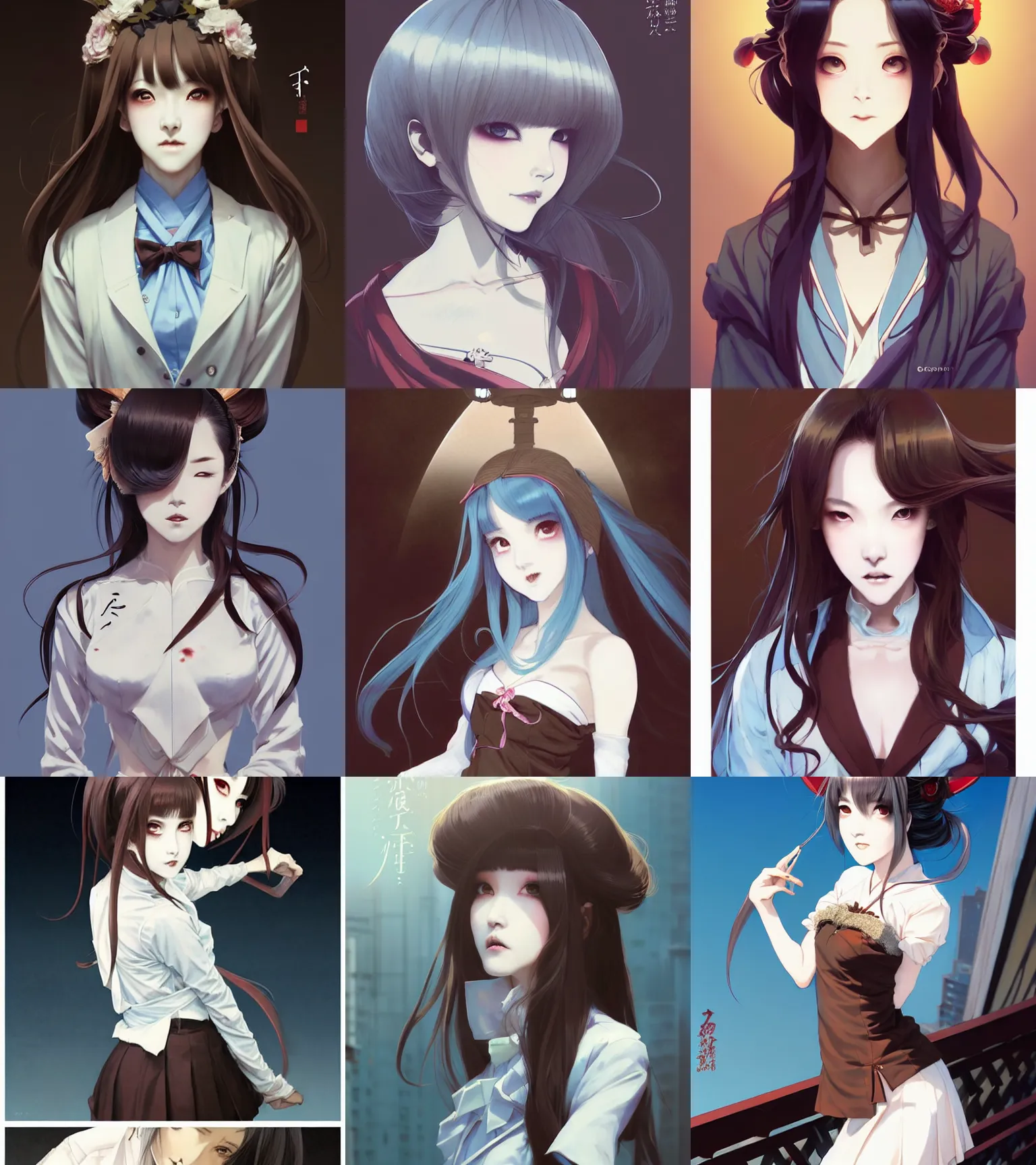 Prompt: portrait of a beautiful alluring immortal japanese vampire wearing japanese school uniform. standing on a kowloon balcony by krenz cushart, by greg rutkowski, by greg tocchini, by james gilleard, by joe fenton, by kaethe butcher, dramatic lighting, gradient light blue, brown, blonde cream and white color scheme, grunge aesthetic, trending on behance