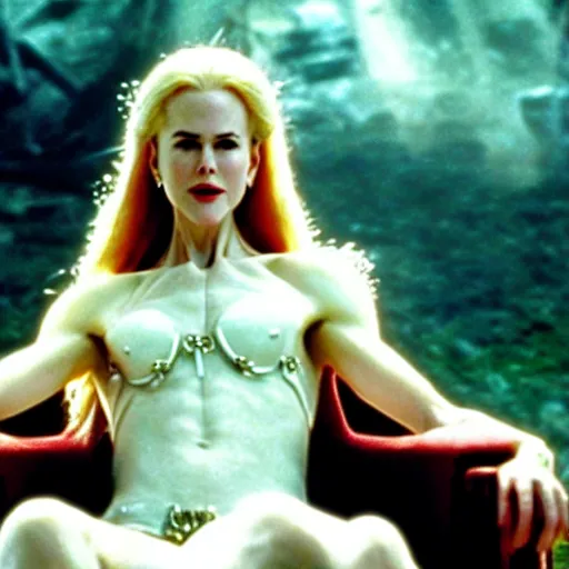 Prompt: cinematic scene with a young nicole kidman on a majestic throne as the goddess of war, dramatic, small details, volumetric lighting, still frame