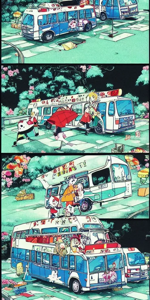 Image similar to a panda express bus in japan, 1990s anime, full color, tarot card the chariot, highly detailed