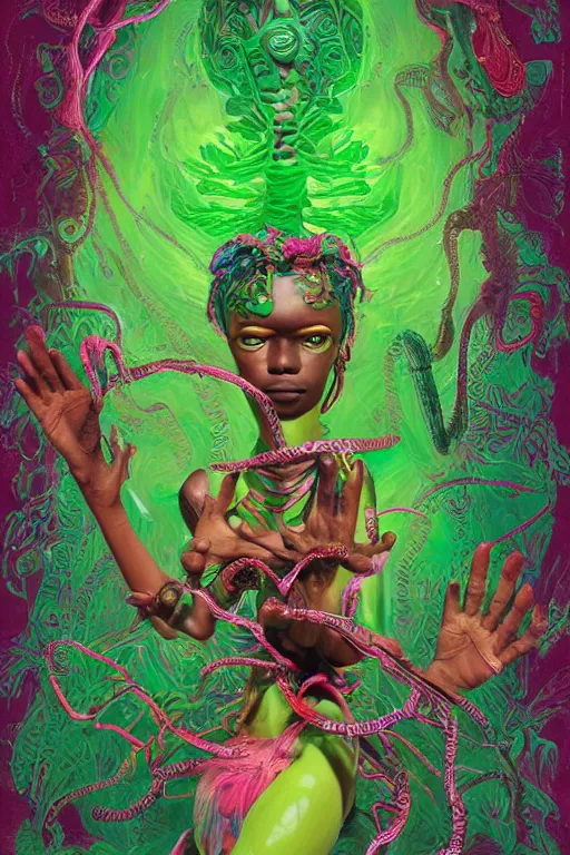 Image similar to epic 3 d osumare, trans african deity, liquid hands and feet spinning, 2 0 mm, with green and pink vines melting smoothly into asymmetrical snakes and rainbows, liquid, delicate, intricate, houdini sidefx, trending on artstation, by jeremy mann and ilya kuvshinov, jamie hewlett and ayami kojima