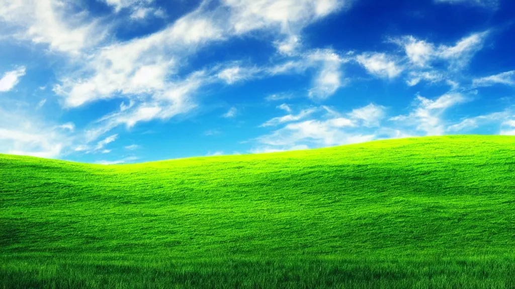 Prompt: windows xp grass hill with beautiful blue sky wallpaper