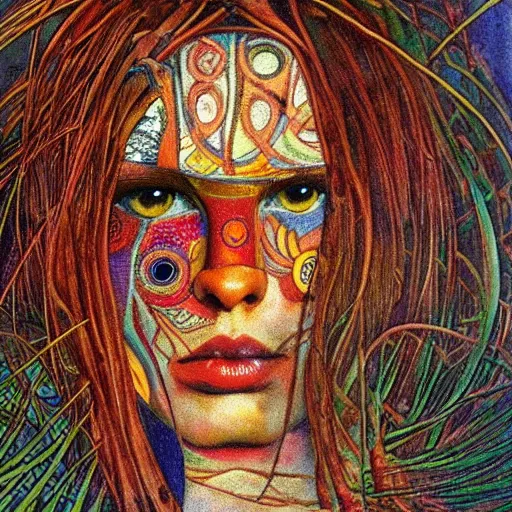 Image similar to A beautiful body art a large eye that is looking directly at the viewer. The eye is composed of a myriad of colors and patterns, and it is surrounded by smaller eyes. The smaller eyes appear to be in a state of hypnosis, and they are looking in different directions. Still Life by Carlos Schwabe lines