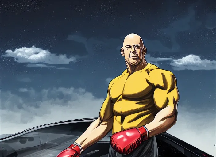 Image similar to landscape, long shot of distant vin diesel as saitama! punching!!! a car!!!!!! into space, hyperrealism, trending on artstation