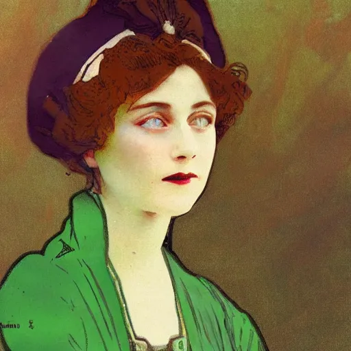 Prompt: An Edwardian woman wearing green clothes, in the style of Mucha