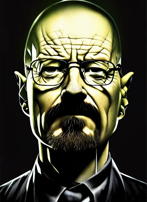 Image similar to dark scifi illustration portrait of walter white. cinematic lighting mad scientist style. golden ratio accidental renaissance. by dave mckean. graffiti art, scifi, fantasy, hyper detailed. octane render. concept art. trending on artstation