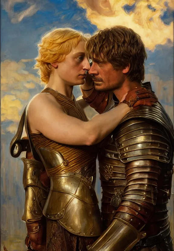 Image similar to attractive jaime lannister confesses his love for attractive armored brienne of tarth. highly detailed painting by gaston bussiere and j. c. leyendecker 8 k