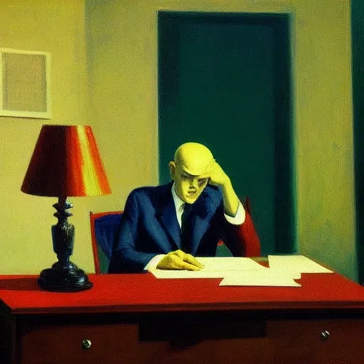 Image similar to a surreal figure sitting at his desk in an office, in a nightmare, by Edward Hopper, highly detailed,