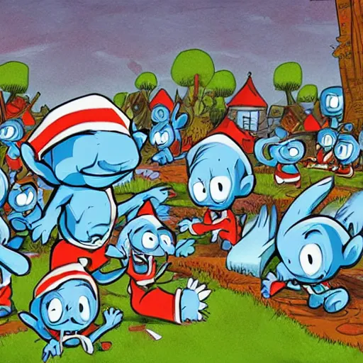 Image similar to the smurf village, artwork by skottie young