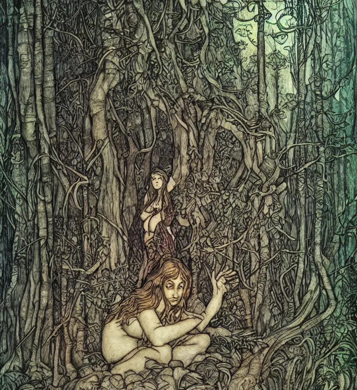 Prompt: person in the forest by Ivan Bilibin, Arthur Rackham, Vania Zouravliov, high quality, ultra detailed