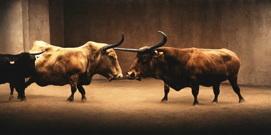 Image similar to detailed medium format photo, polaroid still from tarkovsky movie, matador facing off with bull, blurred motion, haze, high production value, intricate details, 8 k resolution, hyperrealistic, hdr, photorealistic, high definition, technicolor, award - winning photography, masterpiece, amazing colors