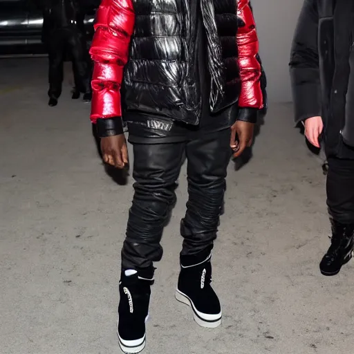 Image similar to kanye west using a full face covering black mask, a small, tight, undersized reflective bright red round puffer jacket made of nylon, dark jeans pants and big black balenciaga rubber boots action figure, 5 points of articulation, full body, 4 k, highly detailed