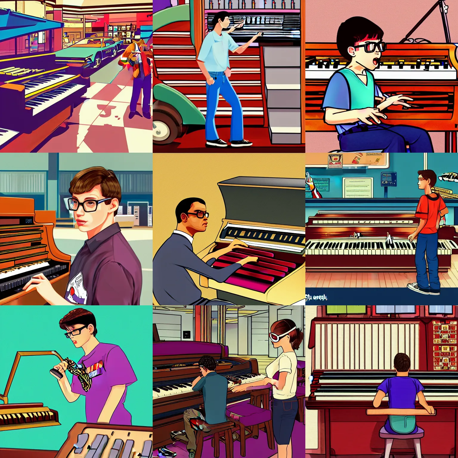 Prompt: GTA V illustration of nerdy teenager playing an organ in a 1990s mall, cover of GTA V