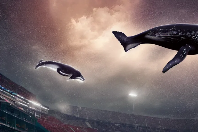 Image similar to ! dream a humpback whale flying in the air over an nfl football stadium ultra detailed realistic photograph cinematic lighting by jessica rossier