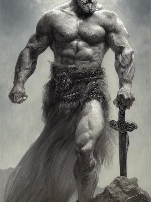 Prompt: painted portrait of rugged odin, god of war, norse god, white hair, masculine, mature, handsome, upper body, grey and silver, muscular, hairy torso, fantasy, intricate, muscular, elegant, highly detailed, digital painting, artstation, concept art, smooth, sharp focus, illustration, art by gaston bussiere and alphonse mucha