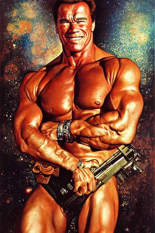 Prompt: character art the contra, bill rizer, arnold schwarzenegger, by karol bak, jean deville, gustav klimt