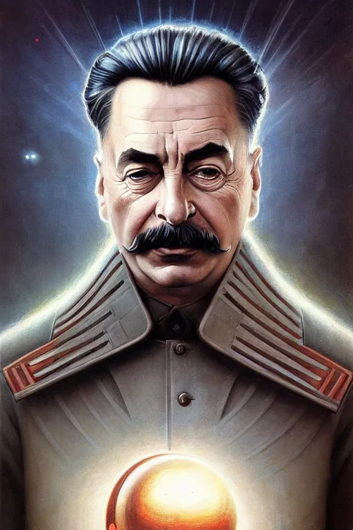 Image similar to a portrait of intergalactic joseph stalin, grim - lighting, high - contrast, intricate, elegant, highly detailed, centered, digital painting, artstation, concept art, smooth, sharp focus, illustration, artgerm, tomasz alen kopera, peter mohrbacher, donato giancola, joseph christian leyendecker, wlop, boris vallejo