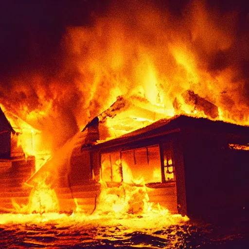 Image similar to photo of a burning house underwater, cinematic
