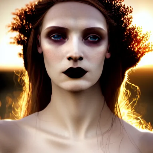 Image similar to photographic portrait of a stunningly beautiful female renaissance germanic goth pagan, in soft dreamy light at sunset, god rays, contemporary fashion shoot, by edward robert hughes, annie leibovitz and steve mccurry, david lazar, jimmy nelsson, breathtaking, 8 k resolution, extremely detailed, establishing shot, artistic, hyperrealistic, perfect face, octane render