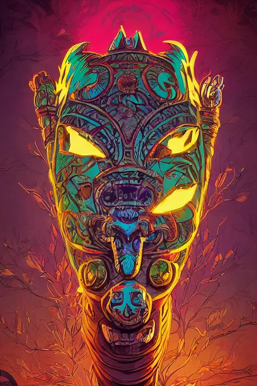 Image similar to totem animal tribal chaman vodoo mask feather gemstone plant wood rock video game illustration vivid color borderlands by josan gonzales and dan mumford radiating a glowing aura