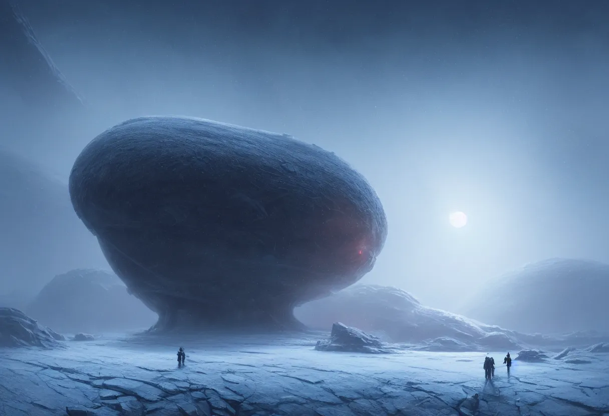 Image similar to ground level view of the surface of frozen winter alien planet at sunset, ultra high definition, ultra detailed, symmetry, fog, matte painting, by greg rutkowski and ross tran and wlop