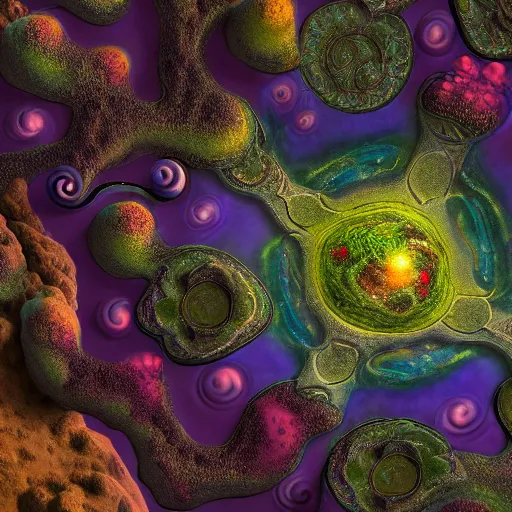 Image similar to 8k highly detailed alient planet, strange lifeforms, fungal growth, surreal, mindscape, dreamscape, intricate, beautiful, valley