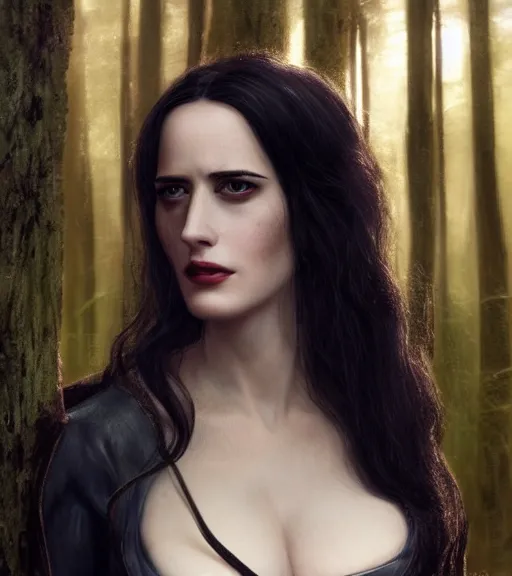 Image similar to 5 5 mm close up portrait photo of eva green as yennefer of vengerberg in black leather armor and long black fluff hair, in a forest. magical atmosphere. art by greg rutkowski. lifelike. very detailed 8 k. intricate. soft light. nikon d 8 5 0.