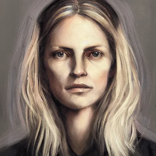 Image similar to Portrait of a woman by Greg Rutkowski, she is about 40 years old, pretty, blond hair with two strans around her face, slavic features, melancholic gaze, pretty aquiline nose, stressed but loving and affectionate mother vibes, she is wearing a black and white utilitarian jumpsuit, highly detailed portrait, digital painting, artstation, concept art, smooth, sharp foccus ilustration, Artstation HQ.