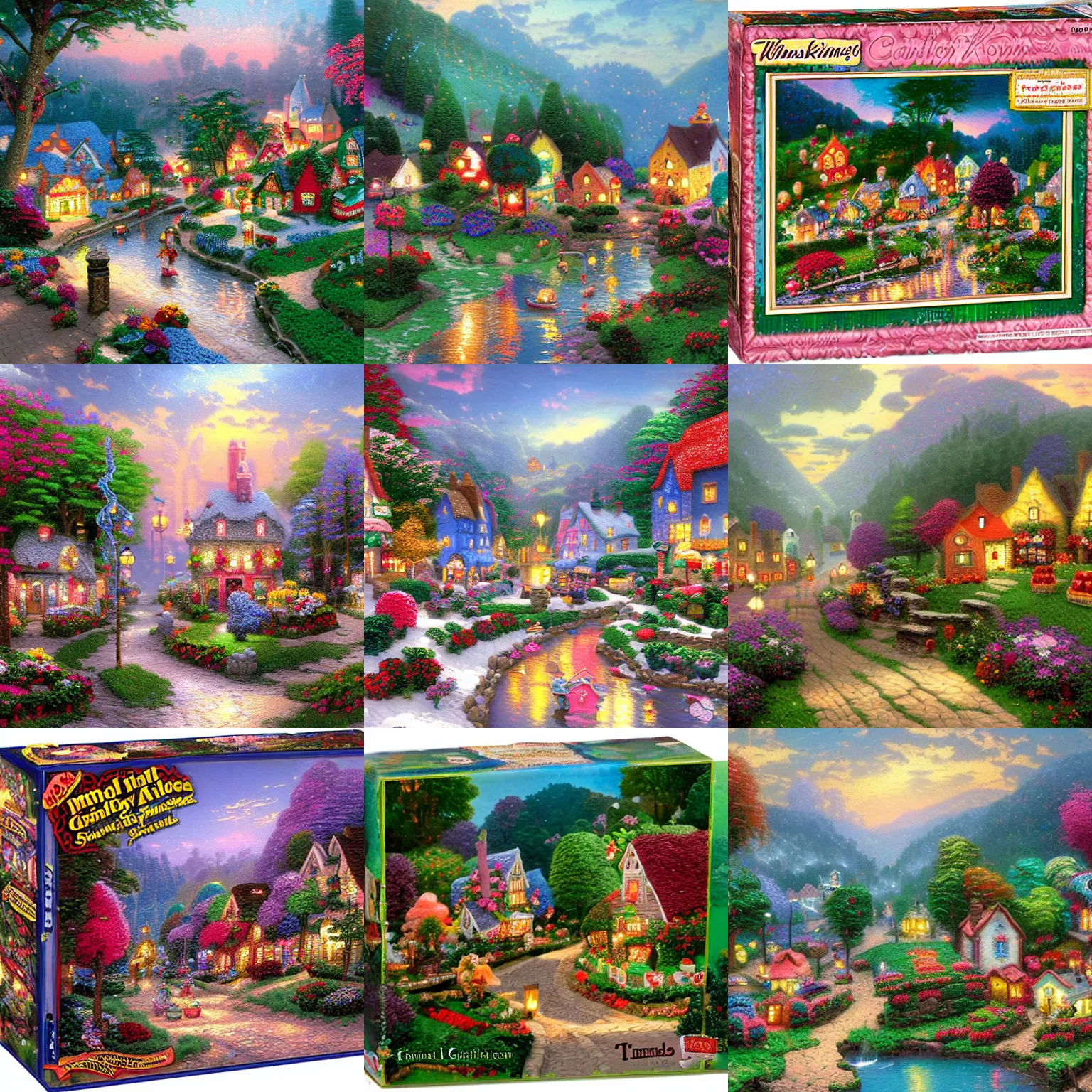 Prompt: Small little village made of candy by thomas kinkade