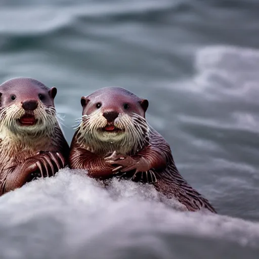 Prompt: otters holding hands to weather the storm cinematic 8k