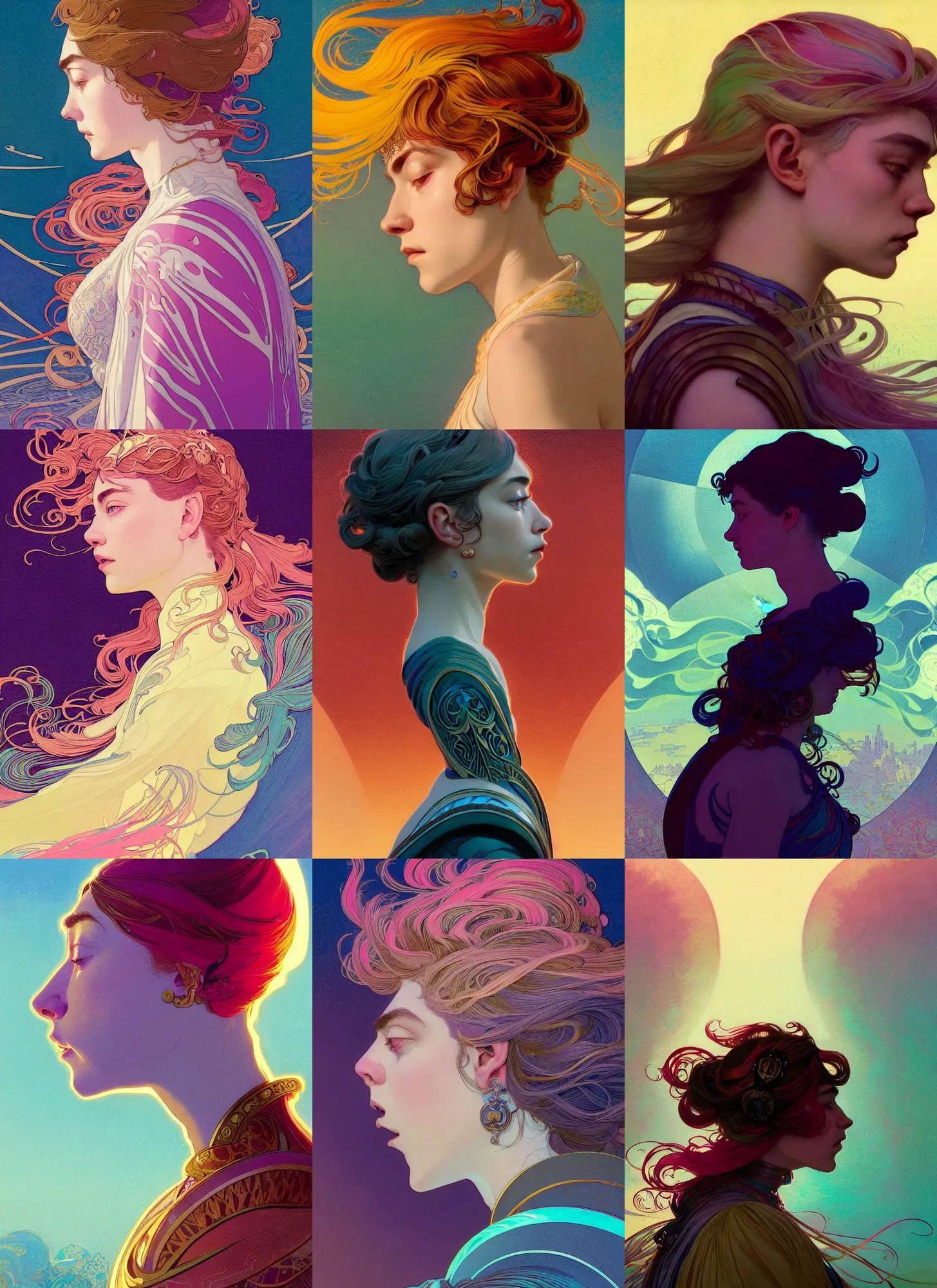 Prompt: side profile centered painted portrait, Imogen Poots as a Paladin, D&D, matte painting concept art, art nouveau, beautifully backlit, colourful, swirly vibrant color lines, winning-award masterpiece, fantastically gaudy, aesthetic octane render, 8K HD Resolution, by Mucha and Victo Ngai and Kilian Eng and Jake Parker and ilya kuvshinov and Cushart Krentz and Gilleard James