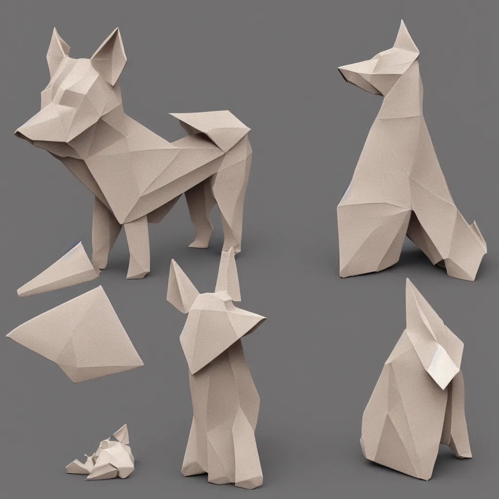 Image similar to 3 d rendering of japanese cardboard origami of simple shape of german shepherd, 2 d image, trending on artstation