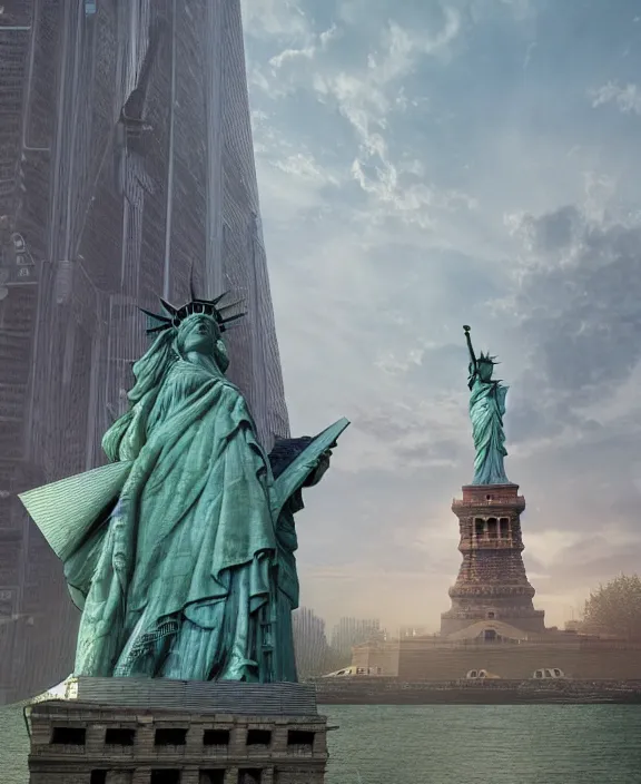 Image similar to highly detailed digital matte painting of a Lady Liberty statue with overgrowth Full shot. By Raphael LaCoste and Ruan Jia and Robert McCall, postcyberpunk, geodesic dome, hyperdetailed, sunrise, wide shot, autochrome, octane render