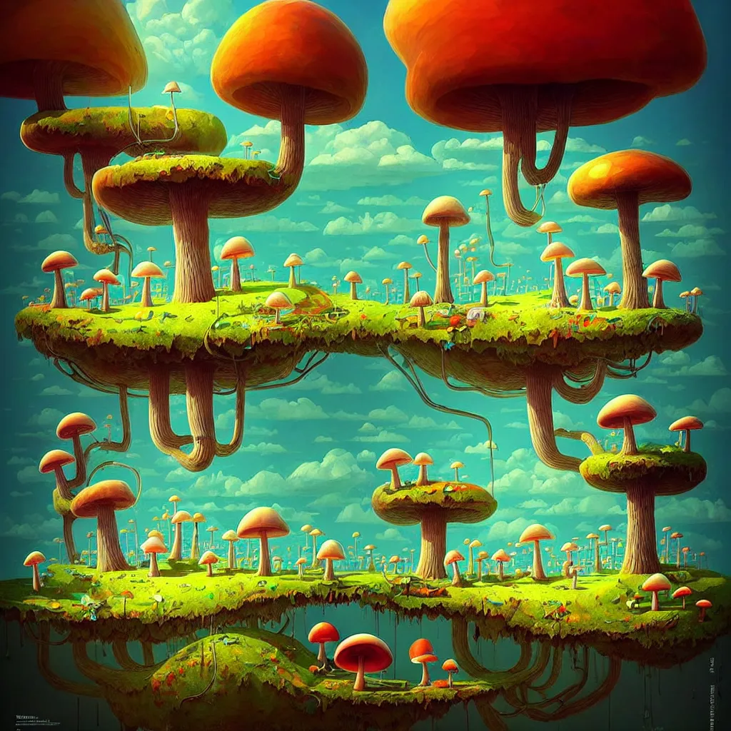 Image similar to surreal mushroom kingdom, floating island in the sky, waterpipes in the ground, summer morning, very coherent and colorful high contrast, art by!!!! gediminas pranckevicius!!!!, geof darrow, dark shadows, hard lighting