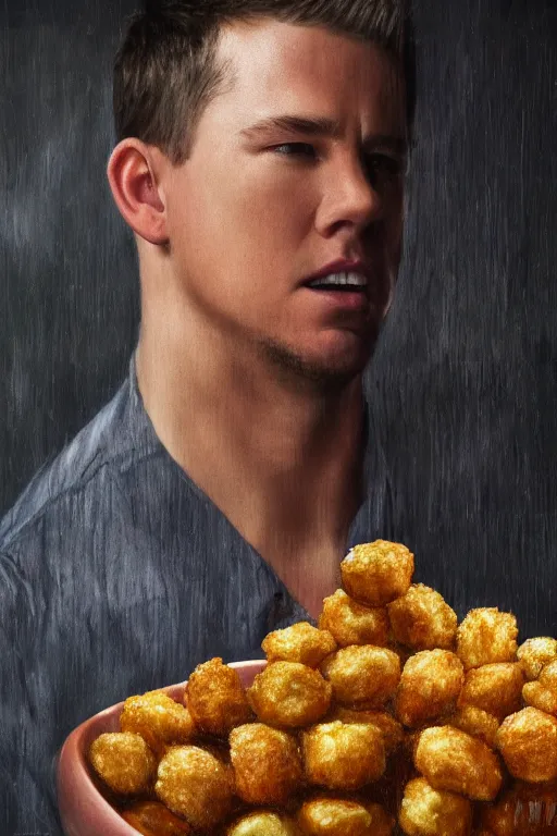 Prompt: a tater tot as channing tatum, oil on canvas, intricate, portrait, 8 k highly professionally detailed, hdr, cgsociety