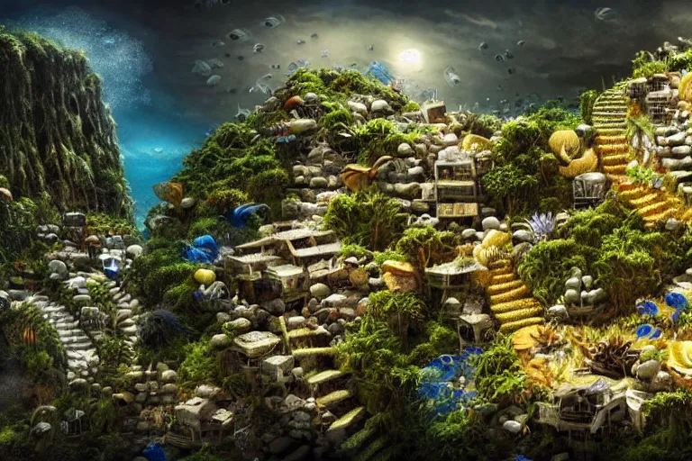 Prompt: highly detailed favela hive, underwater environment, award winning art, epic dreamlike fantasy landscape, ultra realistic,