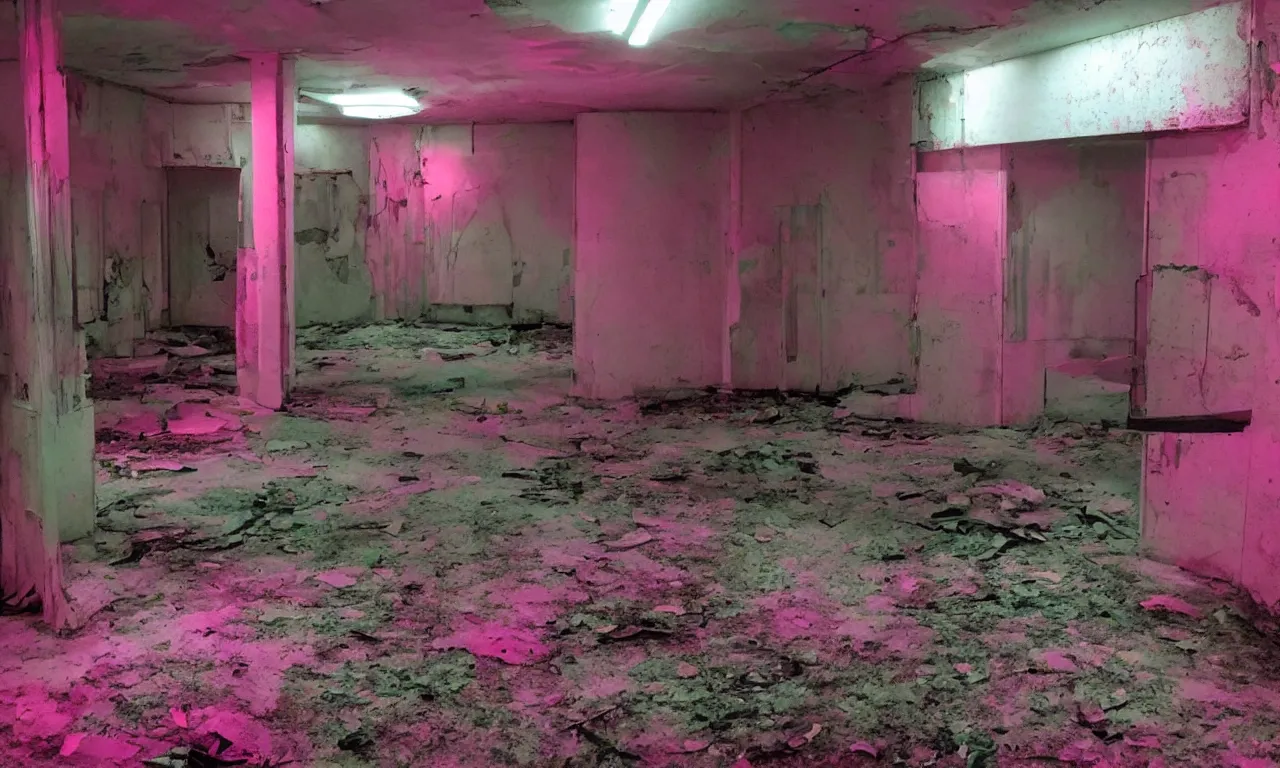 Image similar to backrooms abandoned mall, ominous neon pink lighting, moldy walls and shallow water, shadowy tall figures in the distance