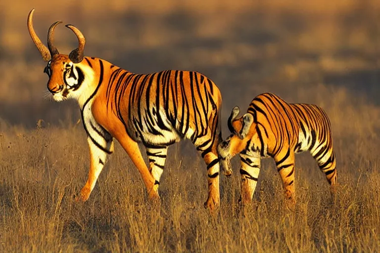 Image similar to antelope eating a tiger, golden hour, 6 0 0 mm, wildlife photo, national geographics