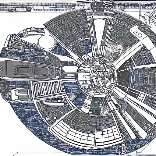 Image similar to technical blueprint of the millenium falcon (star wars), ultra detailed, 8k