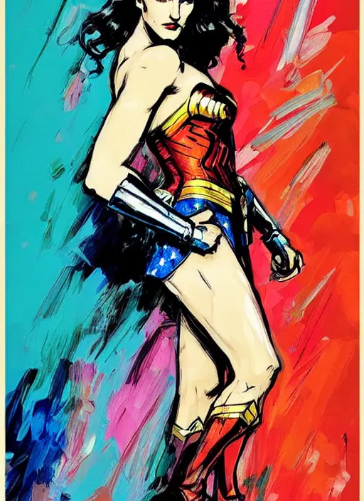 Image similar to portrait of katie mcgrath as wonder woman by ashley wood, yoji shinkawa, jamie hewlett, 6 0's french movie poster, french impressionism, vivid colors, palette knife and brush strokes