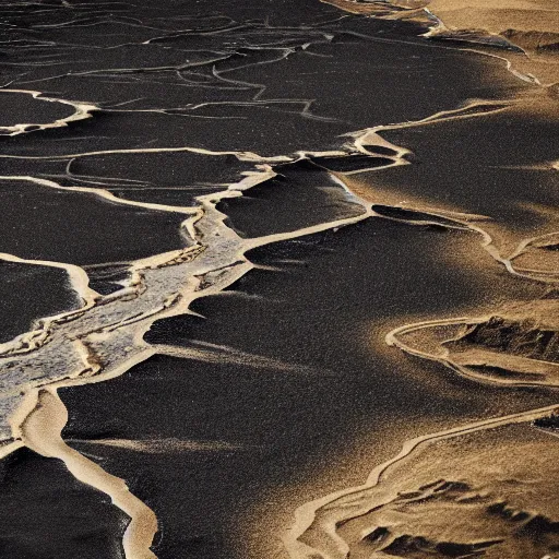 Prompt: a terraform made of black sand and golden rivers with very detailed erosions and features shot by a very advanced satellite, 8 k, octane render, nvidia